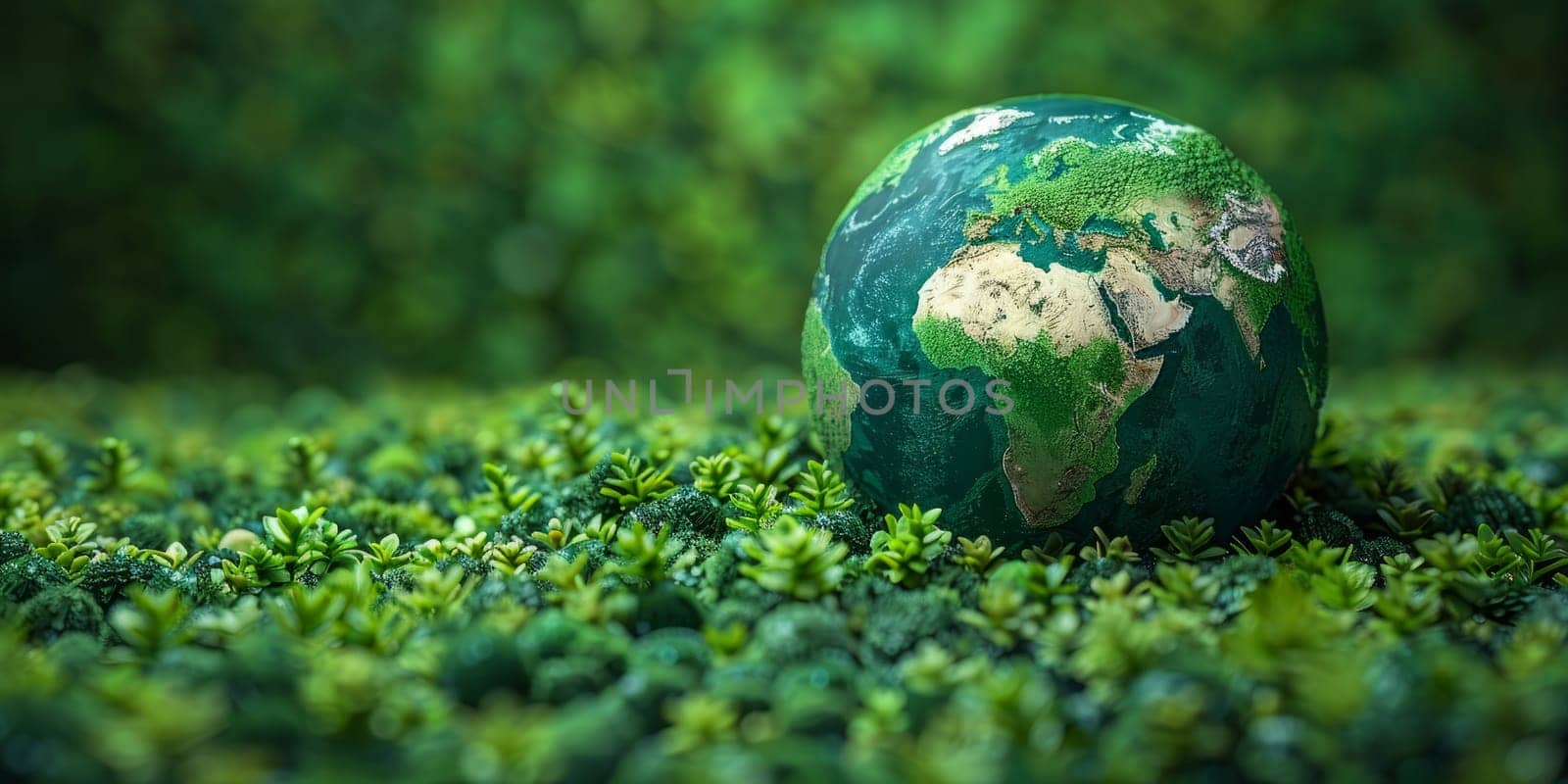 Green earth globe on lush green grass background. Environmental conservation concept.