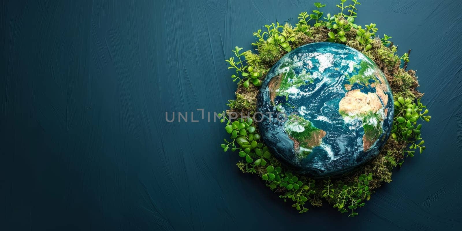 Earth planet surrounded by lush green foliage, environmental conservation concept. Global ecology and sustainable living on a healthy vibrant world.