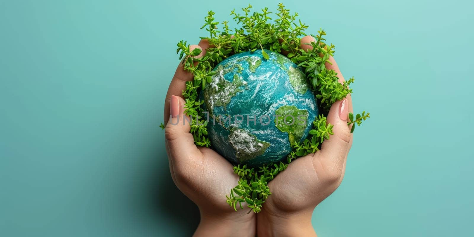 Hands holding green planet Earth globe with plants. Environmental conservation and sustainability concept.