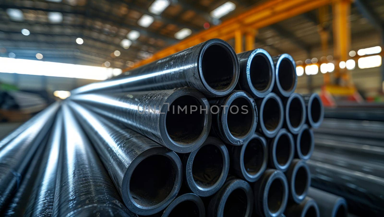 Steel pipes stacked in industrial warehouse. Manufacturing of metal tubing products for construction and infrastructure.