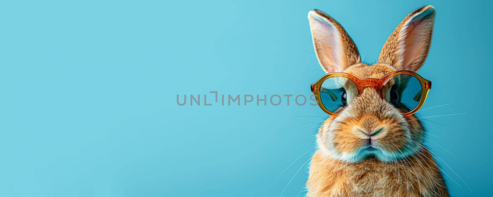 Funny rabbit wearing sunglasses on blue background, whimsical animal portrait. Easter concept.