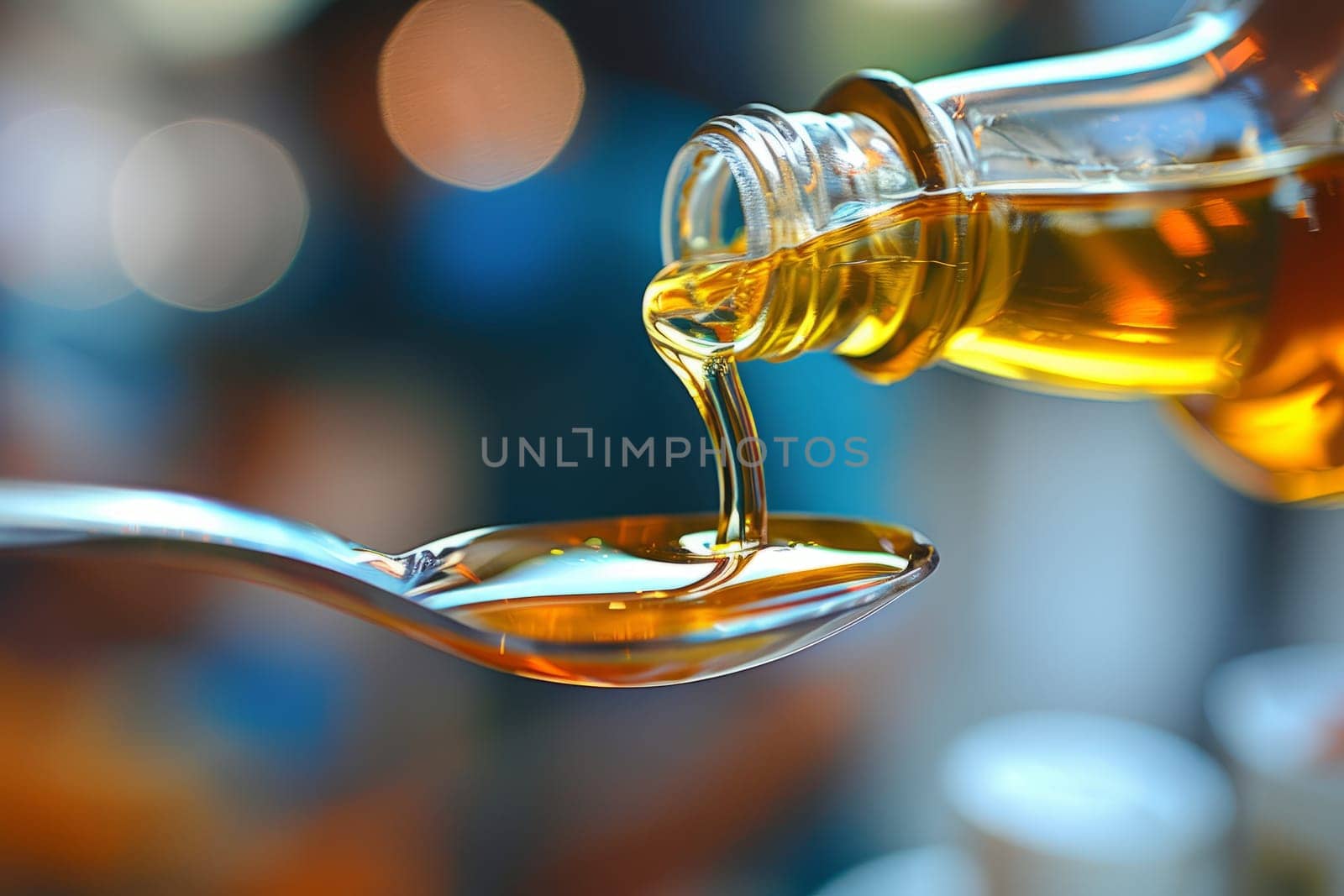 Pouring golden olive oil from glass bottle with blurred background. Concept of healthy cooking and Mediterranean cuisine.