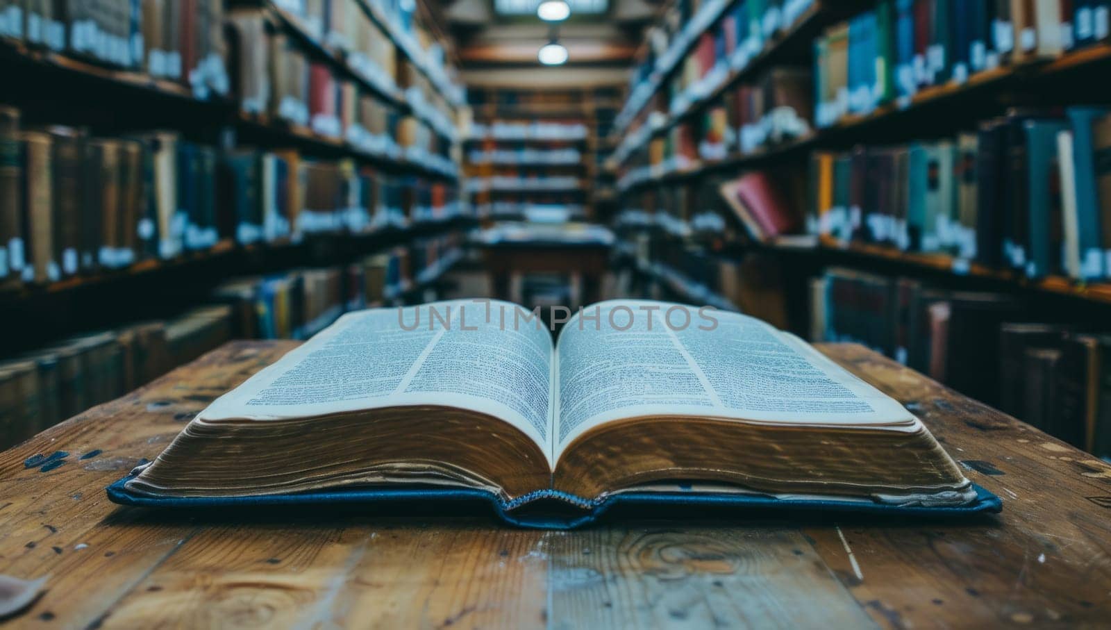 Open book on wooden table in library with blurred bookshelves background. Concept of education, knowledge, and literature.