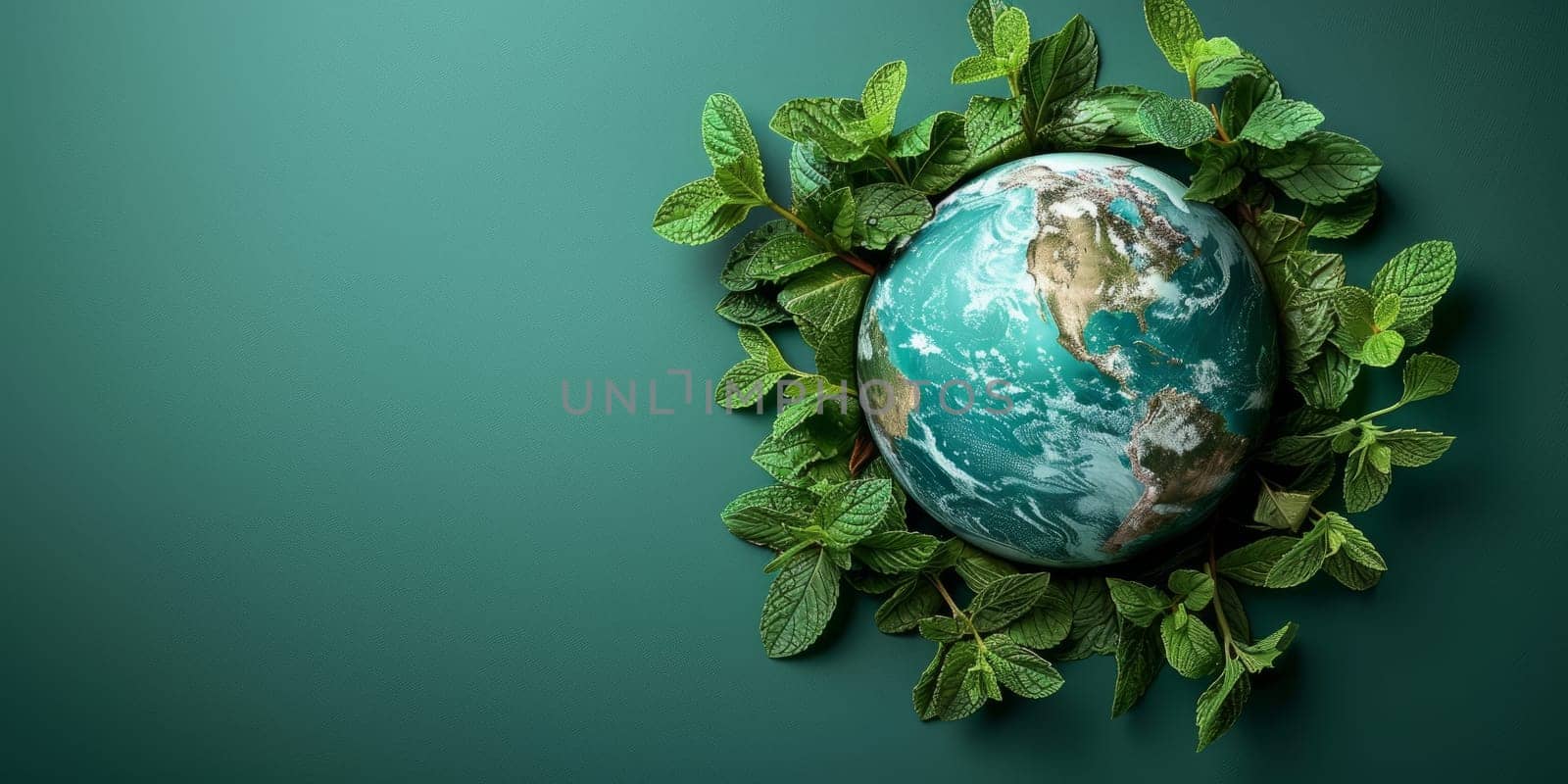 Earth globe surrounded by fresh green leaves, environmental conservation concept. Planet Earth nestled in lush foliage, symbolizing eco friendly sustainability and nature protection.