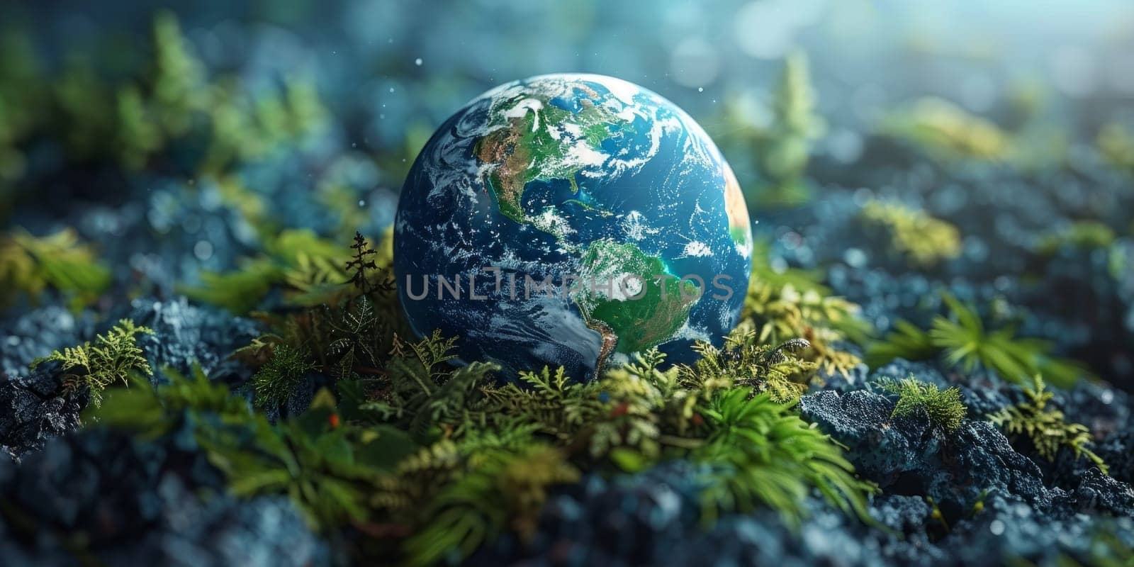 Earth globe on moss in forest, environmental conservation concept. Fragile planet in nature, protecting ecology and sustainable future.