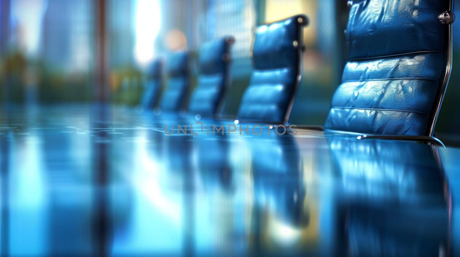 Blue leather armchairs in a modern office lobby with reflective floor. Concept of corporate interior design, waiting area, and business meeting space.