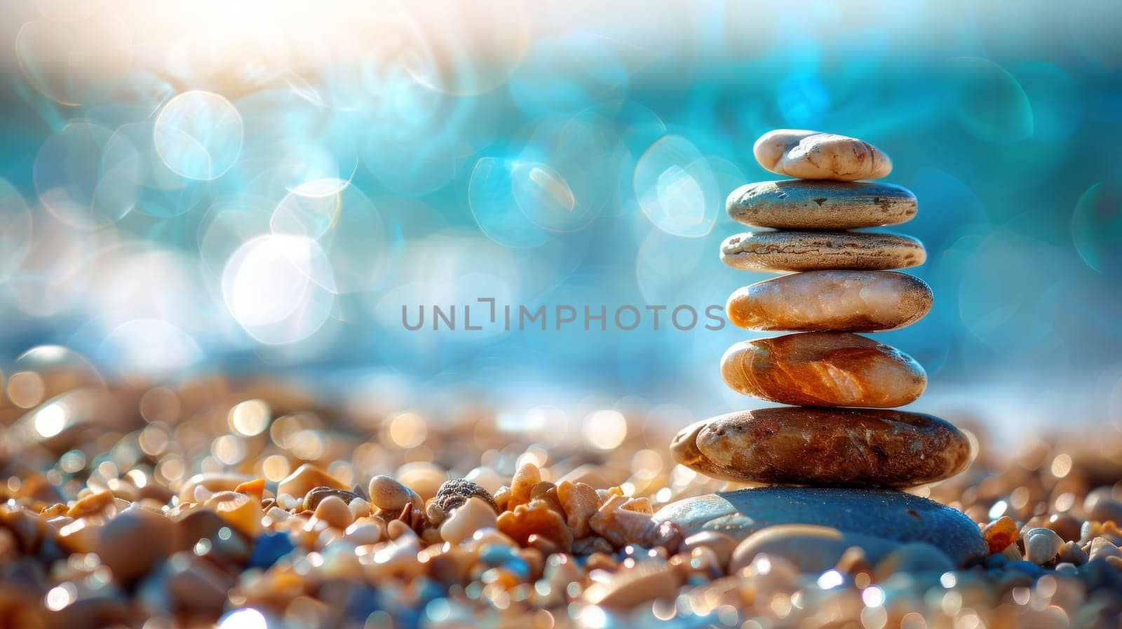 Stack of smooth, round stones on beach with blurred ocean and bright, colorful bokeh lights in background. Concept of balance, harmony, meditation, spa, and relaxation.