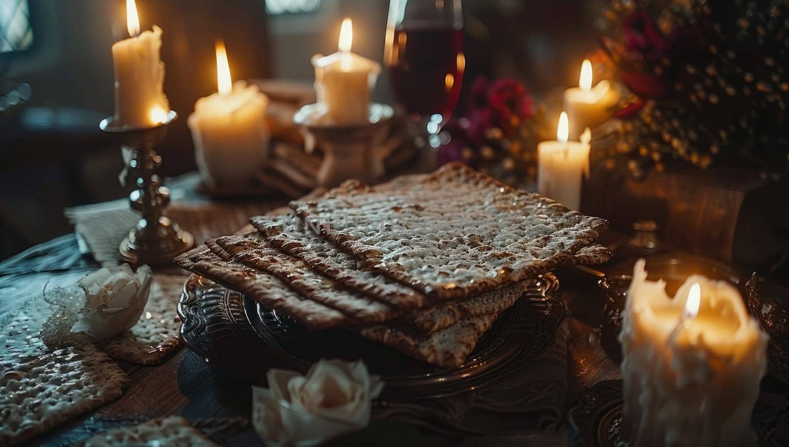 Traditional Jewish Passover table setting with matzah bread, candles and wine symbolizing holiday rituals and customs. Concept of religious feast, cultural celebration, and observance of Pesach.