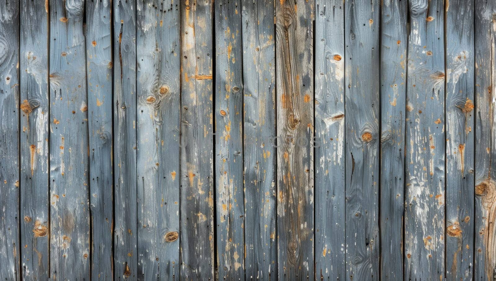 Rustic weathered wooden fence texture background. Aged blue gray wood planks with peeling paint and nail holes.