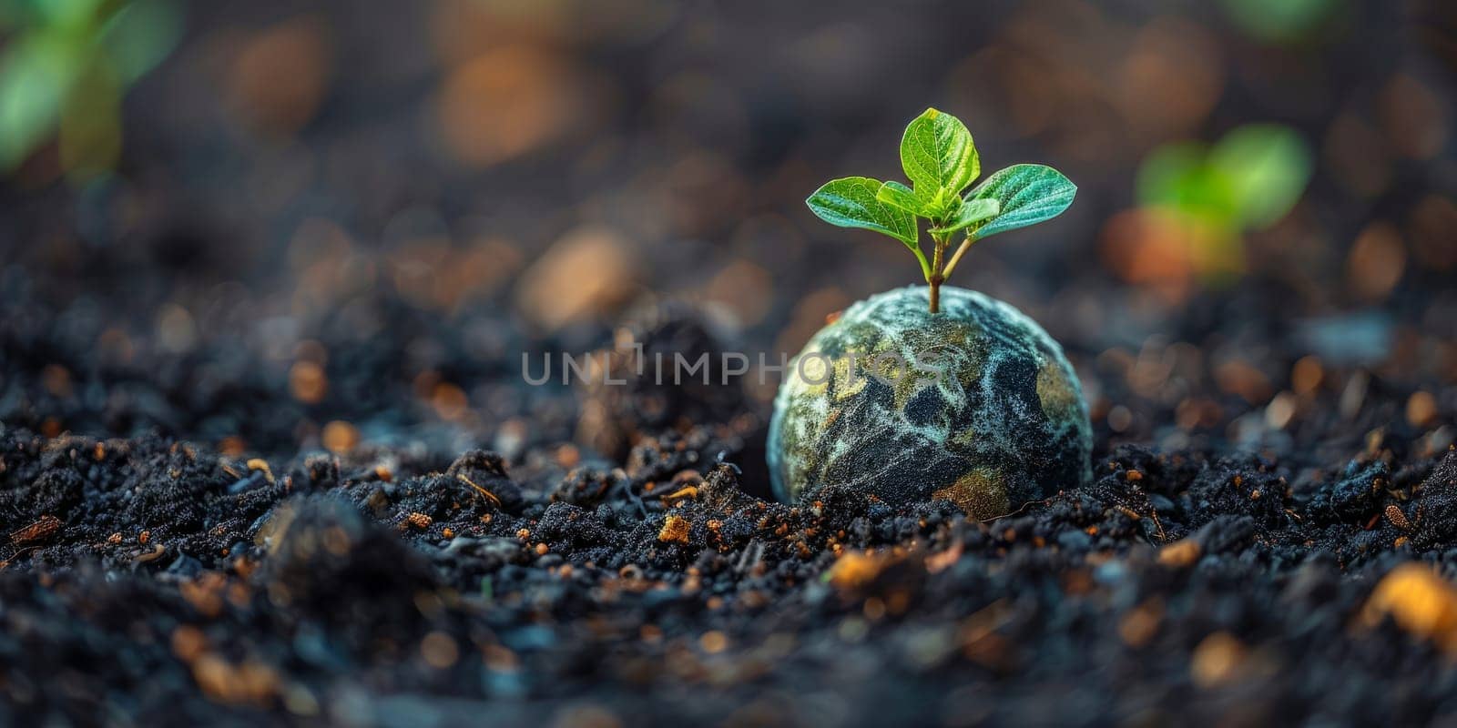 Green seedling sprouting from earth globe on fertile soil. New life, growth and nature concept.