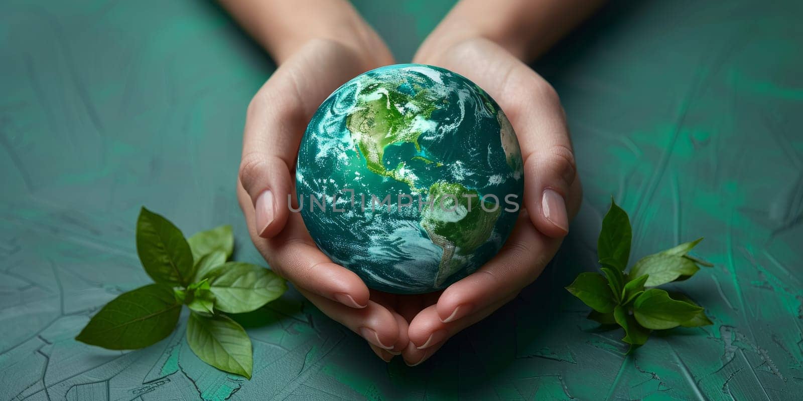 Hands holding green planet Earth with leaves, environmental conservation concept. Protecting nature and ecology on cracked ground.