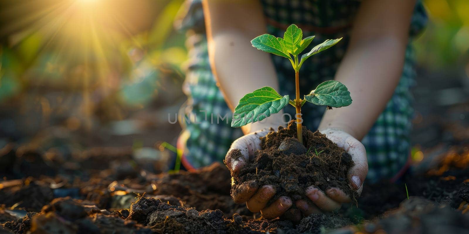 Close up of childs hands holding and planting a small green seedling in soil with warm sunlight in the background. Concept of new life, growth, and environmental conservation.
