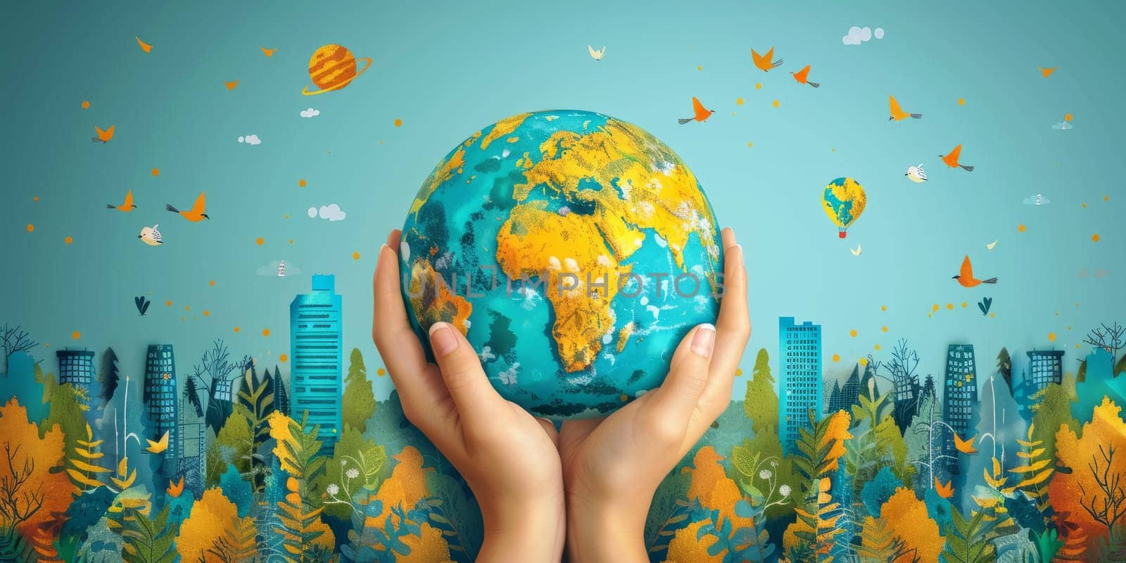 Hands holding globe with autumn leaves surrounding it, symbolizing environmental conservation and sustainable living on Earth. Concept of eco friendly lifestyle, nature protection, and going green.