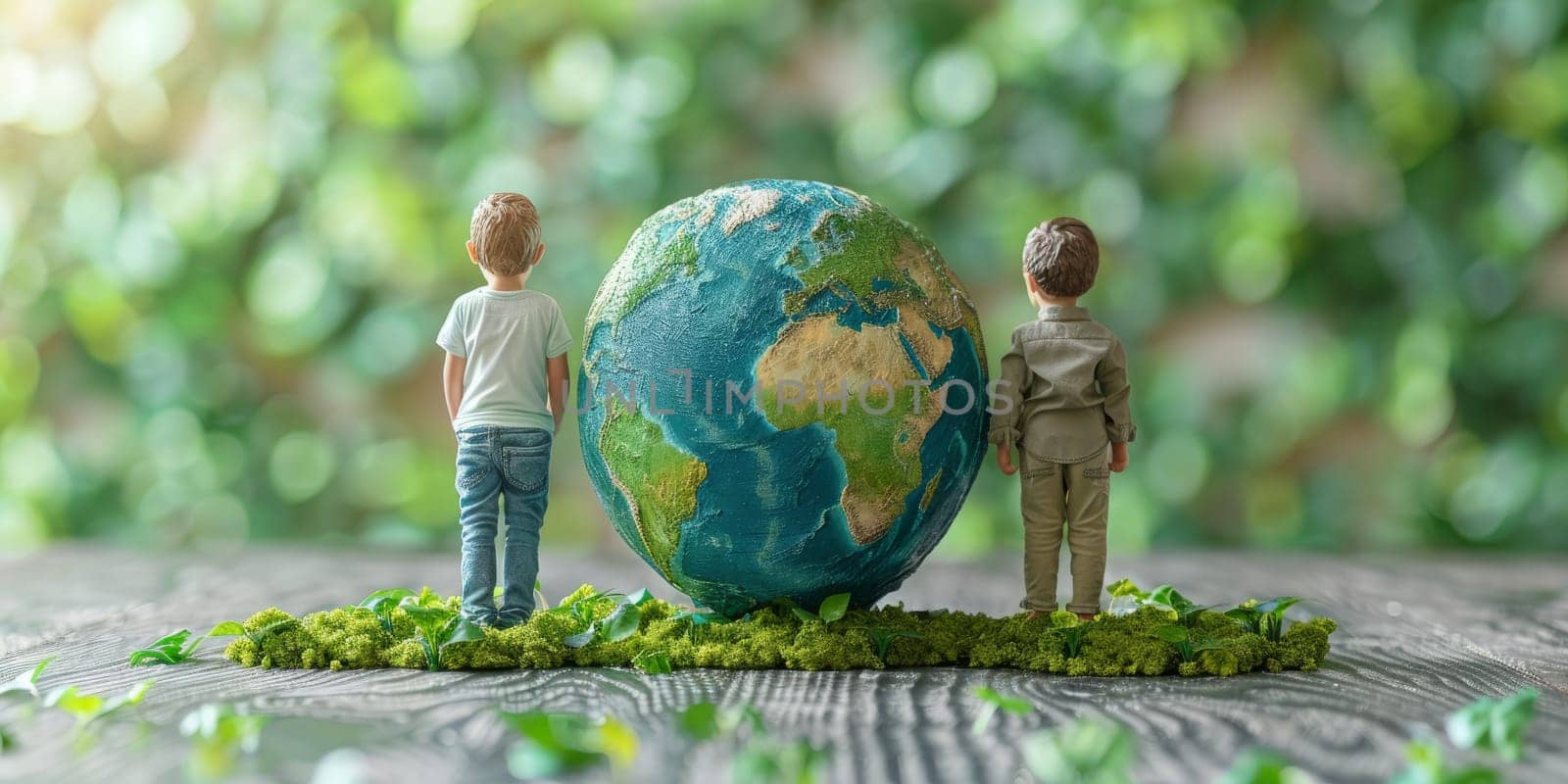 Children figurines standing beside large globe on tree stump. Concept of environmental awareness, sustainability, and protecting nature for future generations.