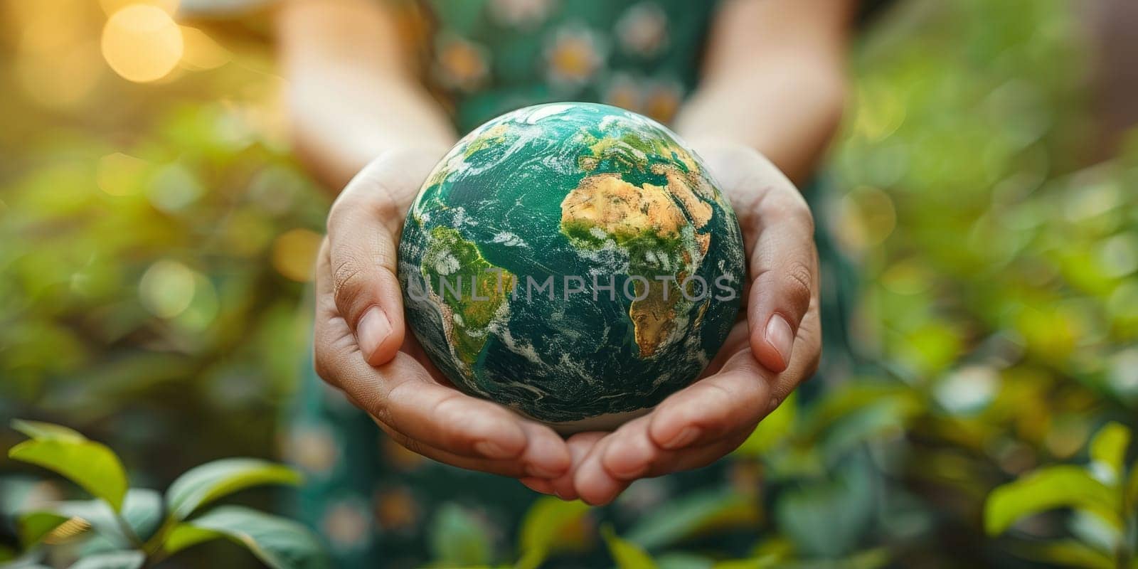 Close up of female hands holding Earth globe in nature background. World Environment Day concept.