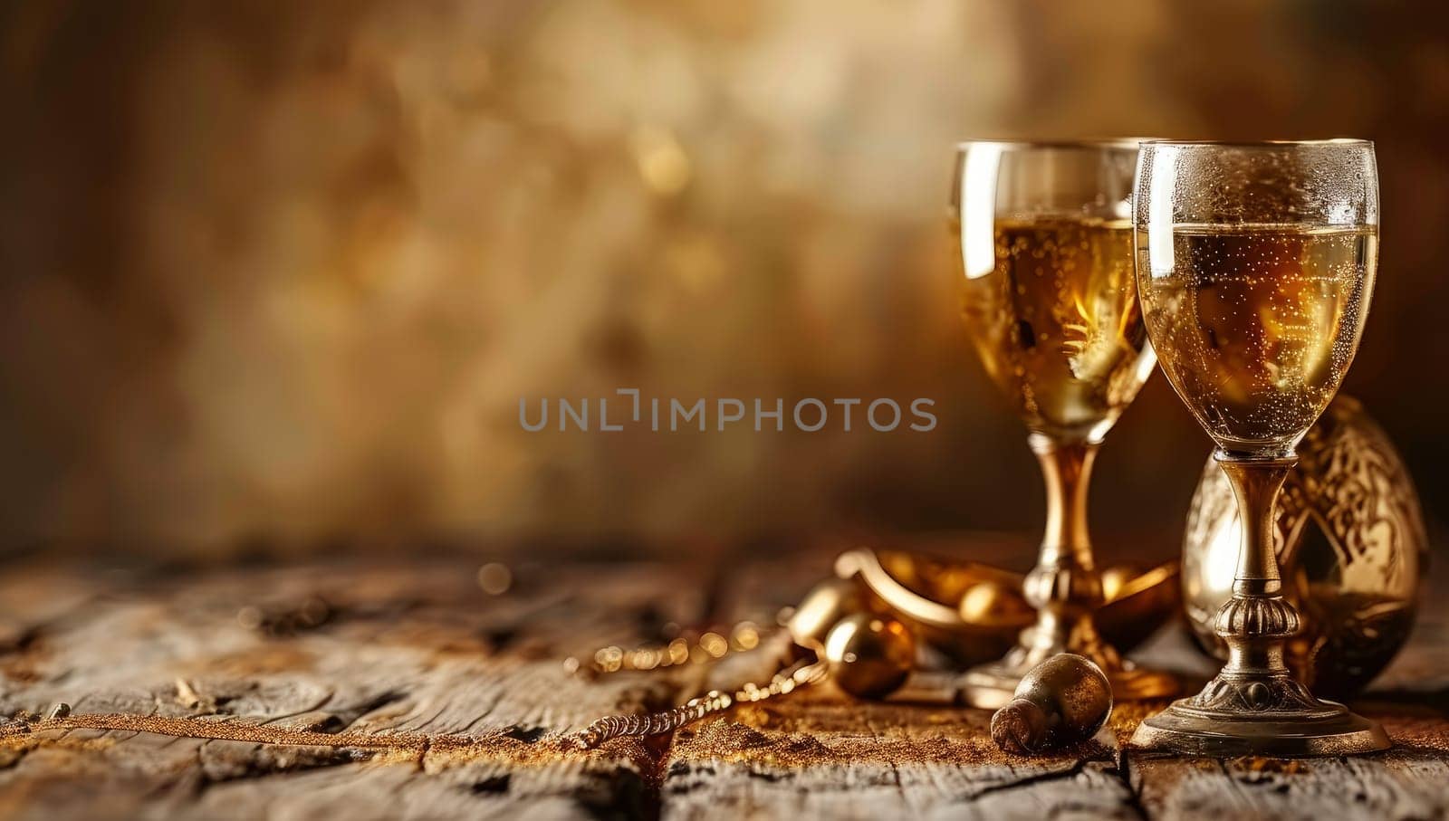 Two glasses of champagne on old wooden table, bokeh background