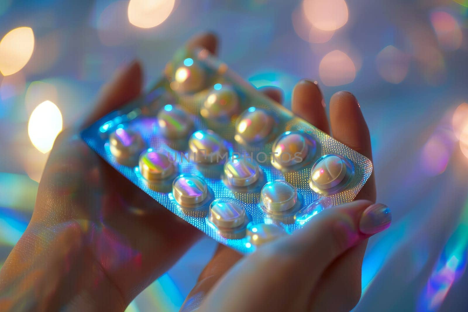 Close up of female hands holding a blister pack of pills on bokeh background. Pharmaceutical, medication, prescription, tablet, antibiotic, pill.