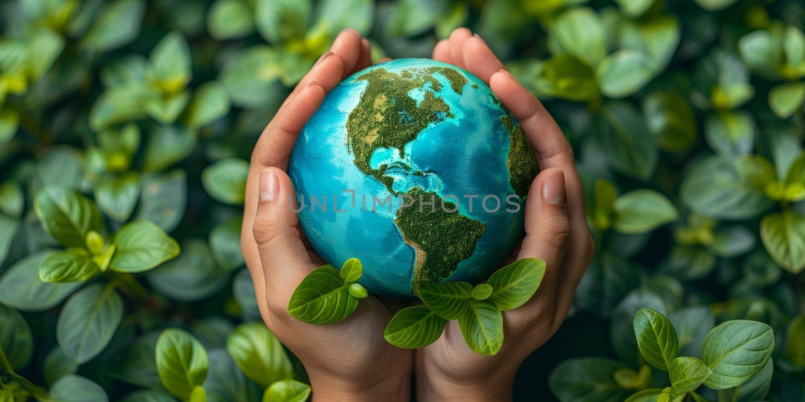 Hands holding green planet Earth with leaves, environmental conservation concept. Protecting nature, eco friendly world, sustainable living.