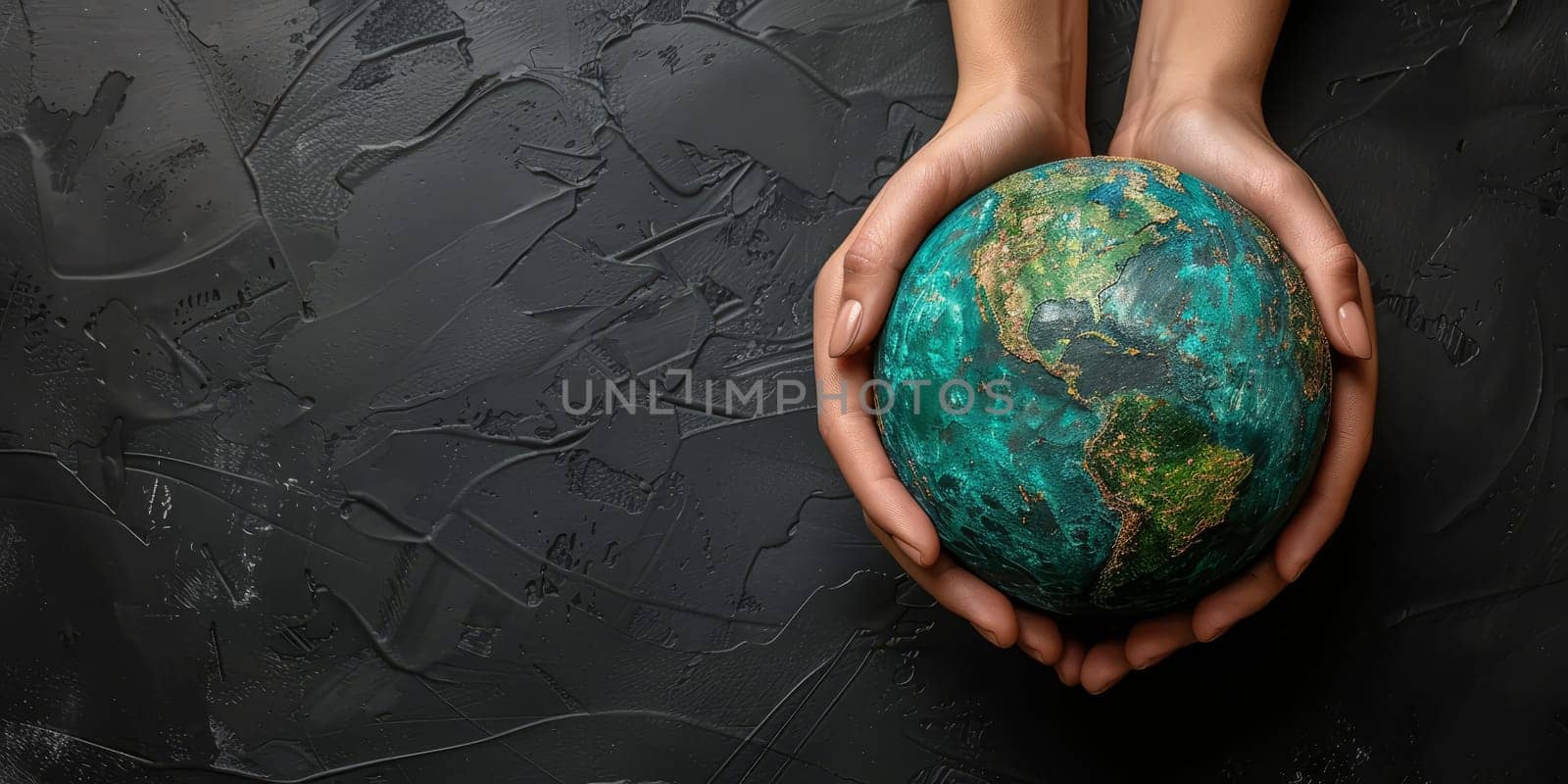 Hands holding fragile planet Earth, environmental conservation concept. World map on globe surrounded by chalk drawings representing environmental crisis.