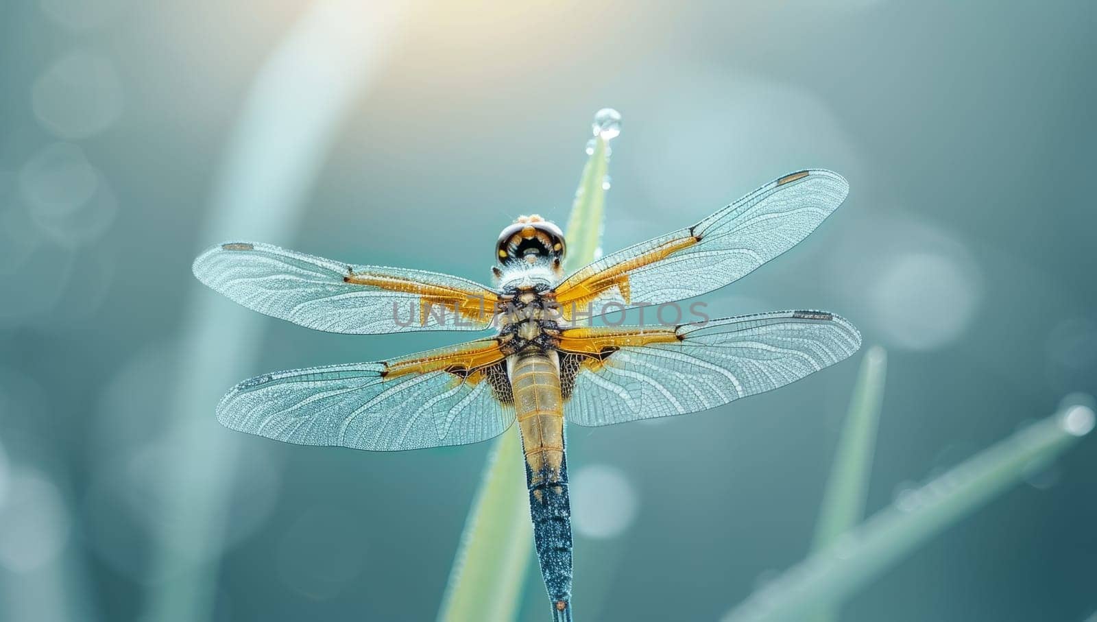 Macro photograph of a vibrant dragonfly perched on a plant stem with blurred background. Delicate wings, intricate details, and natural beauty captured in vivid colors. by ailike