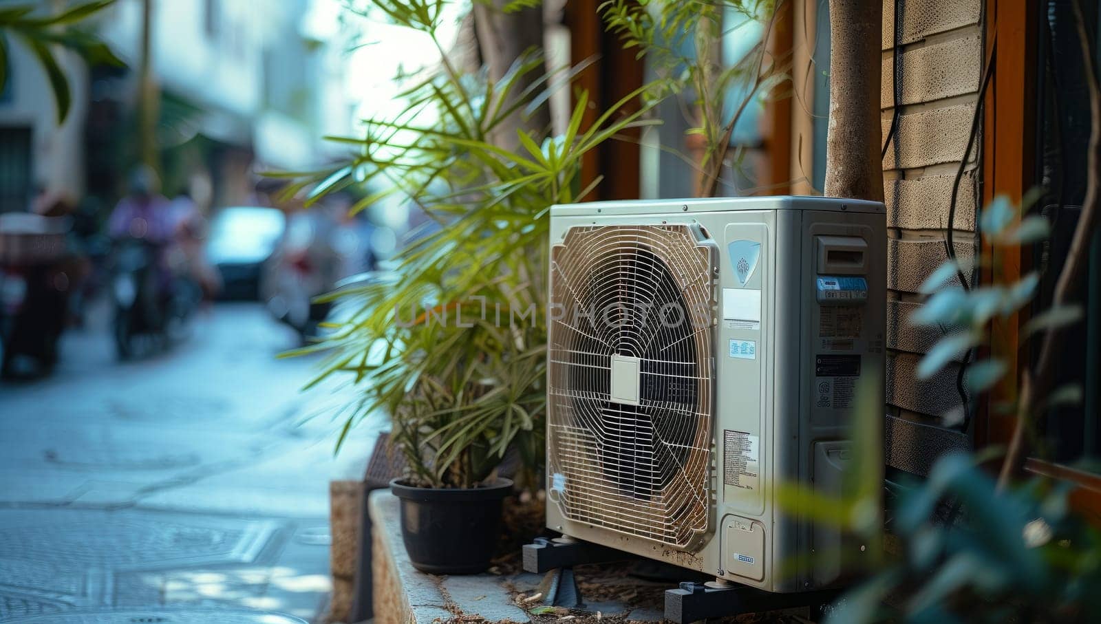 Old air conditioning unit in urban alleyway surrounded by plants. Concept of environmental impact, energy efficiency, and city living.