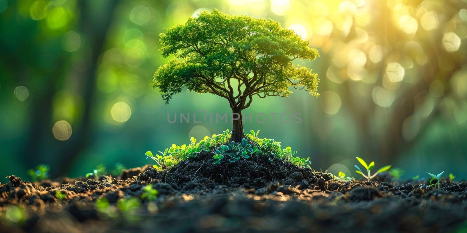 Vibrant nature scene with miniature tree growing on forest floor. Concept of environmental conservation, sustainable growth, and ecological balance.