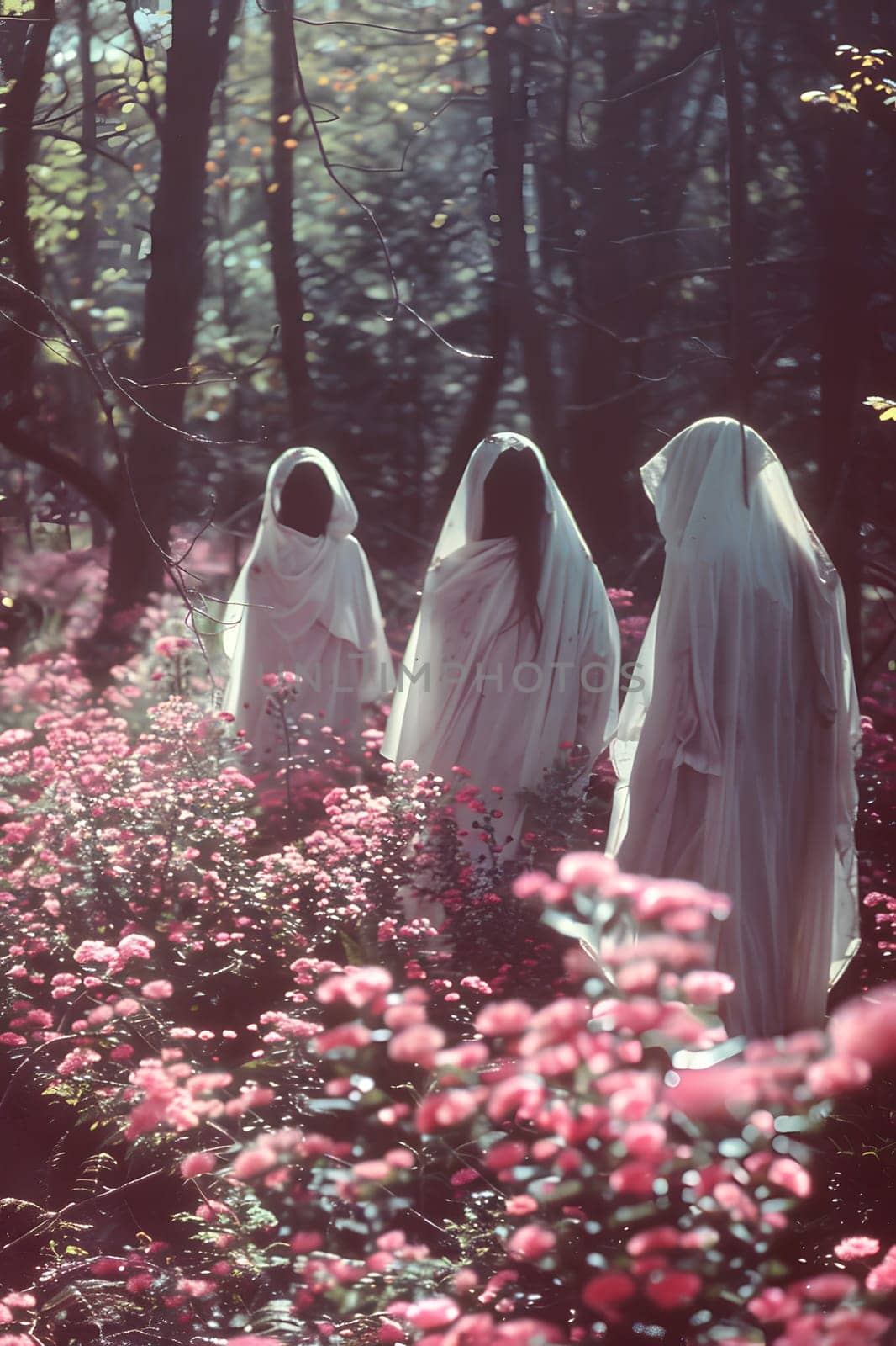 Three women in white robes are strolling through a meadow of pink flowers, surrounded by lush greenery and tall trees. They appear blissful and at peace in the natural landscape