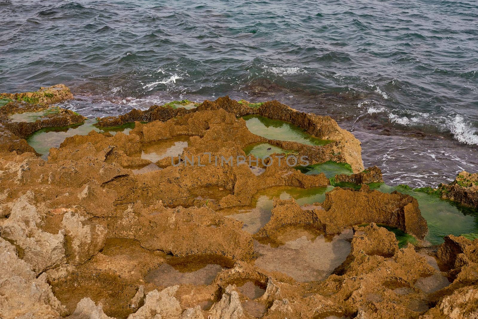 A rocky beach with seaweed and waves lapping on it. rough water, zenithal view, solitary, sea foam