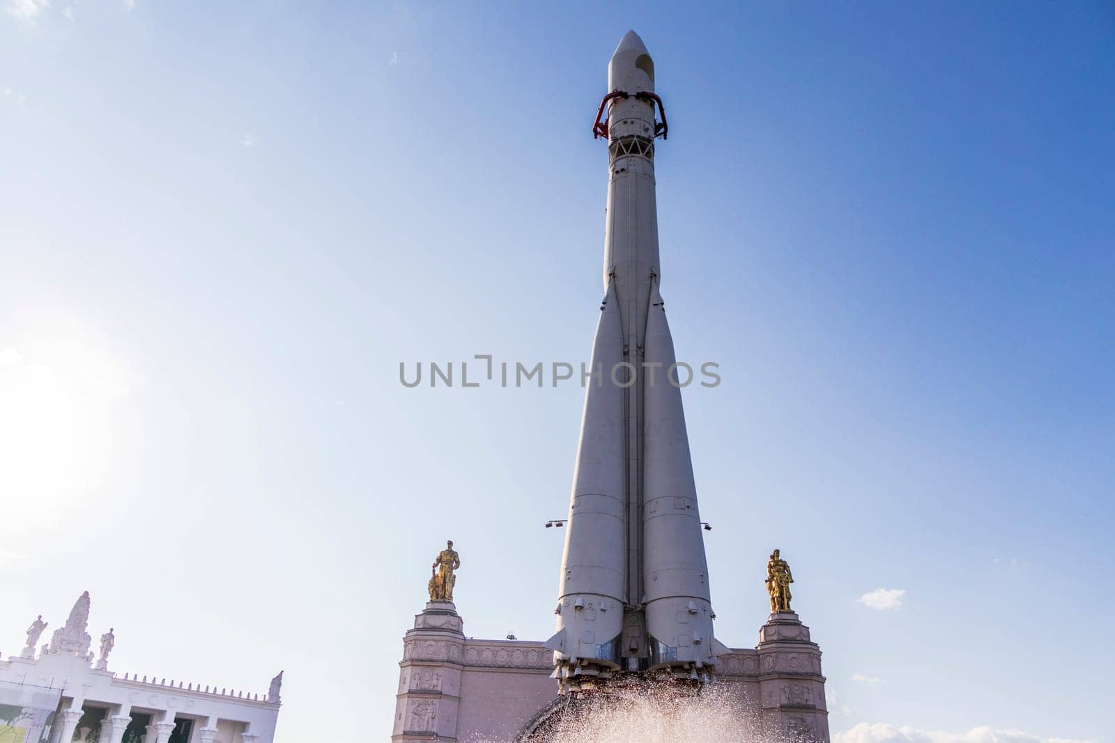 Moscow, Russia - 07.09.2023 - Space Rocket Vostok displayed at Exhibition of Achievements of National Economy site, known as VDNKH.