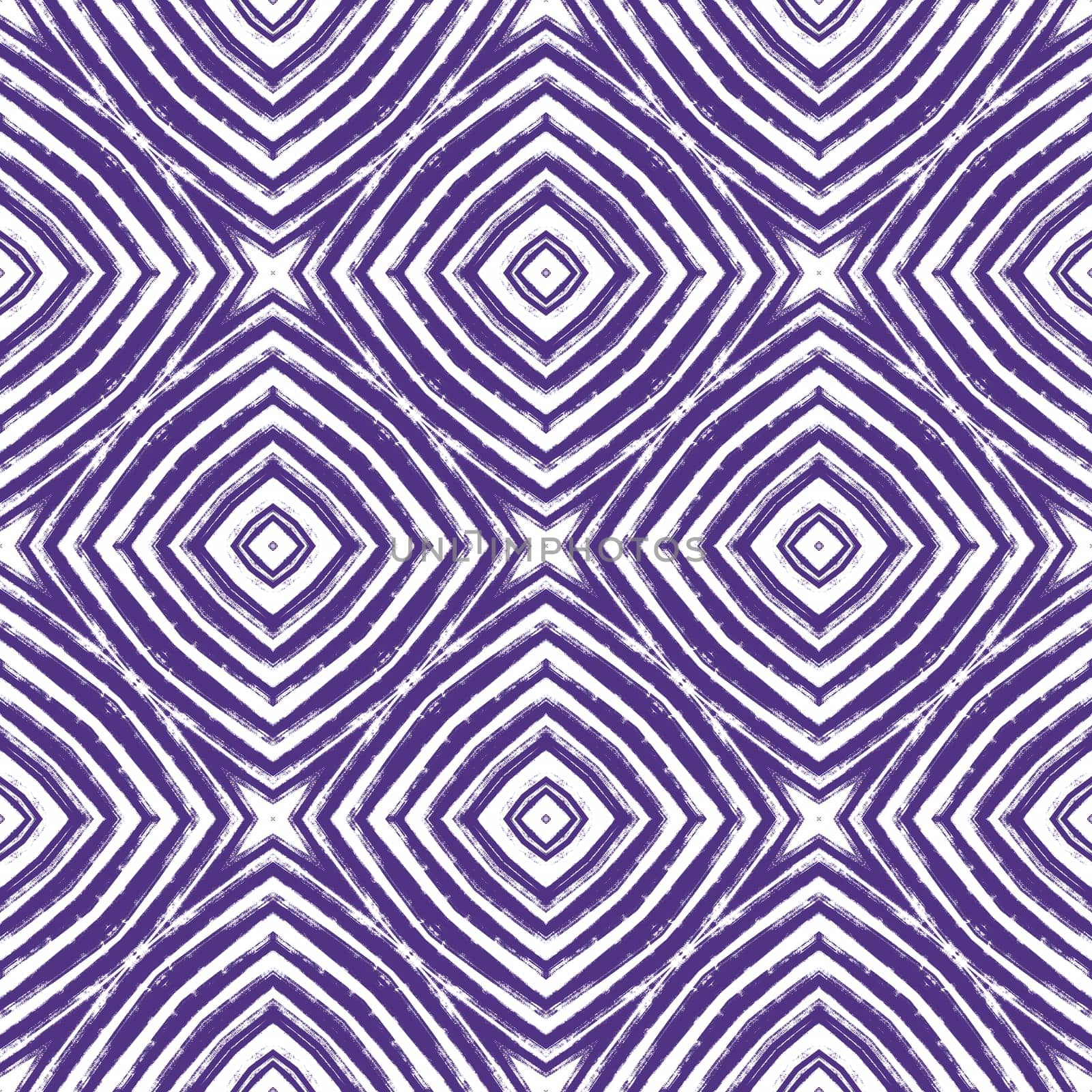 Ikat repeating swimwear design. Purple symmetrical kaleidoscope background. Summer ikat sweamwear pattern. Textile ready symmetrical print, swimwear fabric, wallpaper, wrapping.