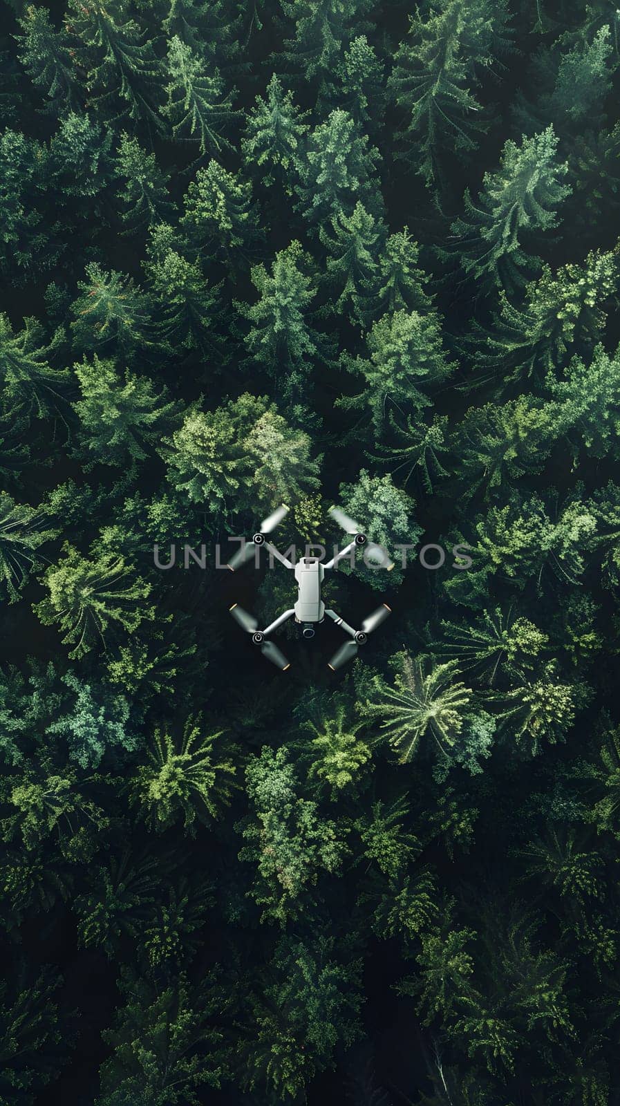 A drone captures the natural landscape of a forest from above, showcasing a pattern of terrestrial plants, trees, grass, and evergreens