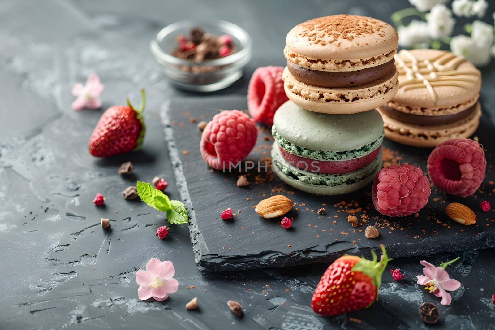 A stack of delicious macarons topped with fresh strawberries and raspberries, beautifully presented on a slate cutting board