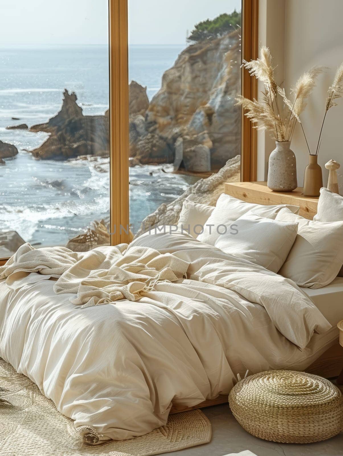 Minimalist bedroom interior with ocean sea view. Modern coastal interior. Summer, travel, vacation, dreams holiday by NataliPopova
