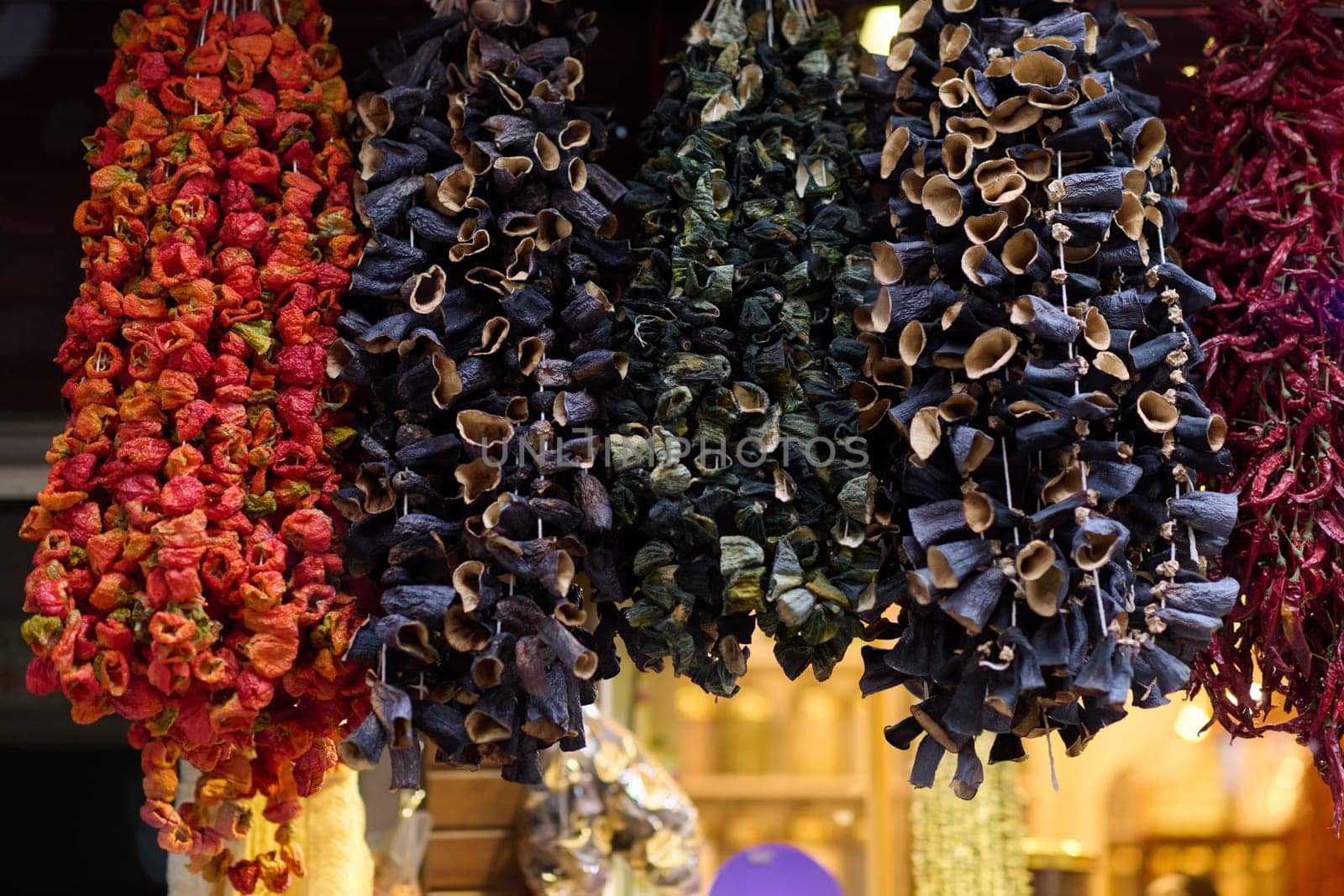 Dried marzipan hangs in a shop located on traditional Turkish streets.