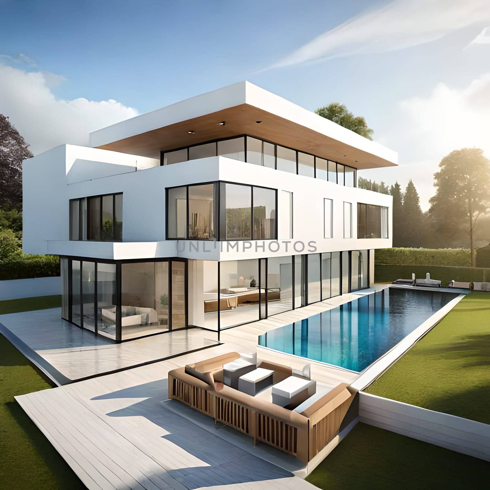 3d rendering of modern  house Picture is AI-generated illustration.