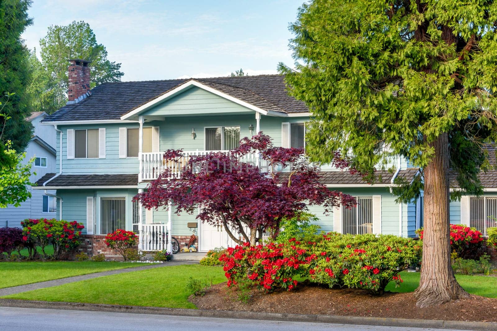 Big family residential house with landscaped front yard and trees.