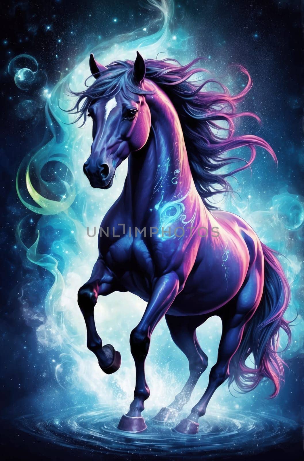 Fantasy black horse with blue mane on smoky cosmos light. AI Generated.