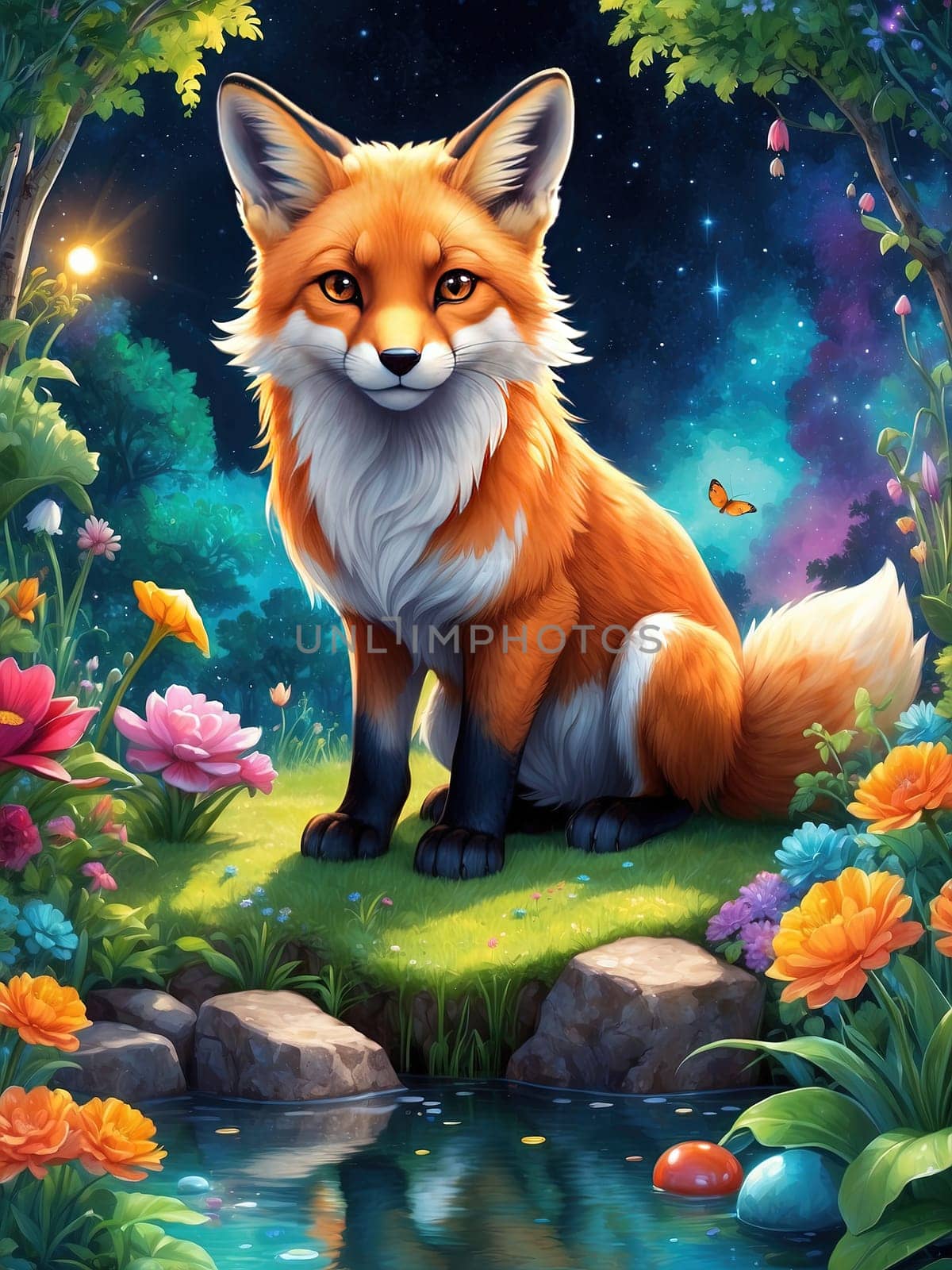 Cartoon scene with fox in the forest near the river - illustration for children. AI Generated.