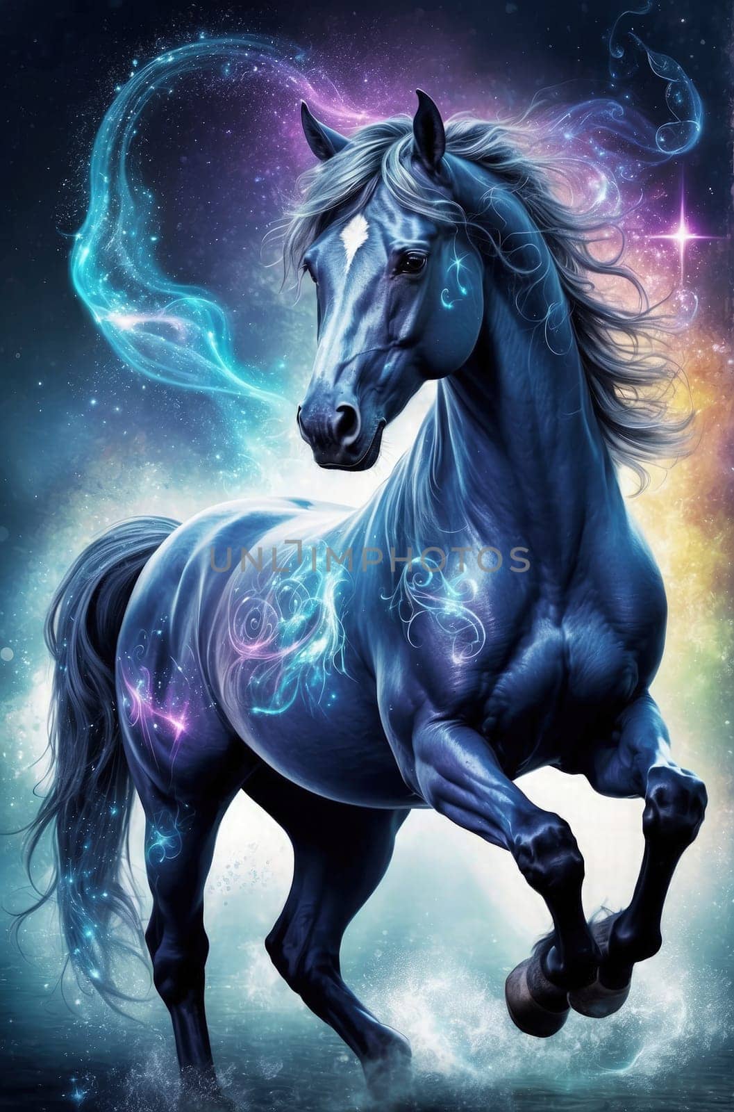 Horse with blue mane in cosmic space. Fantasy illustration. AI Generated.