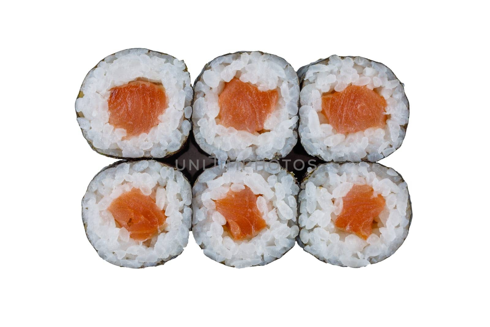 Traditional Japanese maki rolls with salmon on a white background.
