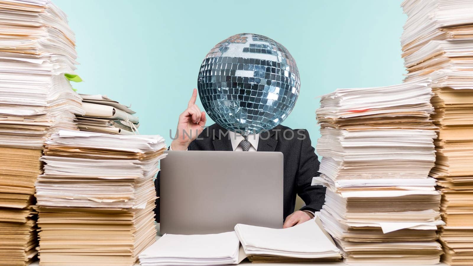 Abstract modern collage. man with a mirrored disco ball instead of a head. male accountant or company manager works in an office in view of the accumulated paper work. by zartarn