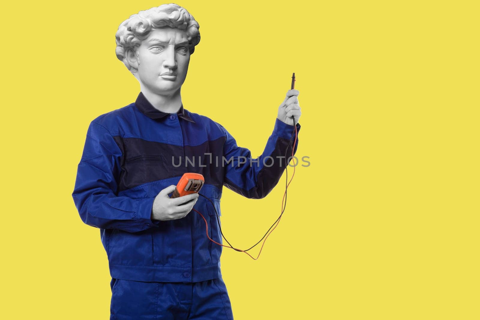 Abstract modern collage. The man with the plaster head of David electrician engineer in uniform with tester instrument in hands isolated on yellow background