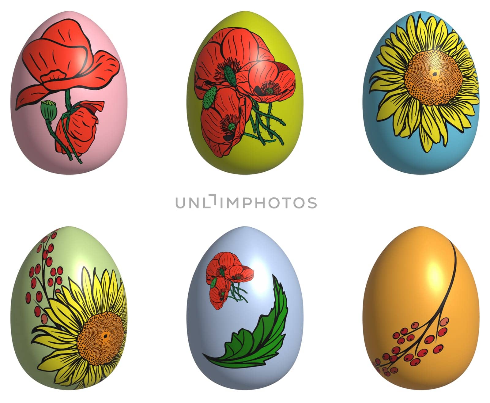Colored eggs with floral print on isolated background, 3D rendering illustration