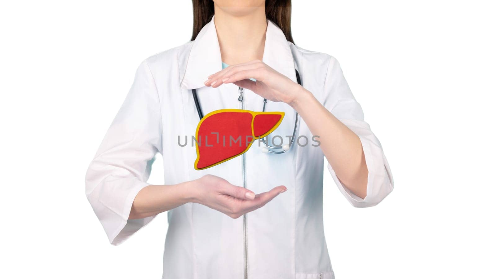 Image of a doctor in a white coat and liver above his hands. Concept of healthy liver and donation. by zartarn