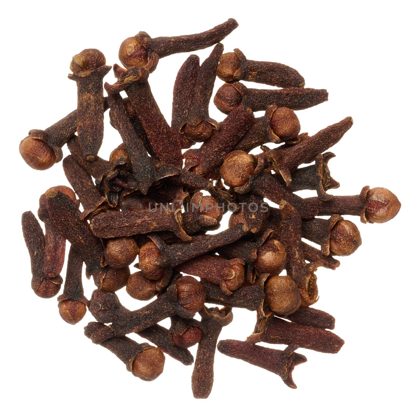 Dried clove spice on isolated background, top view by ndanko