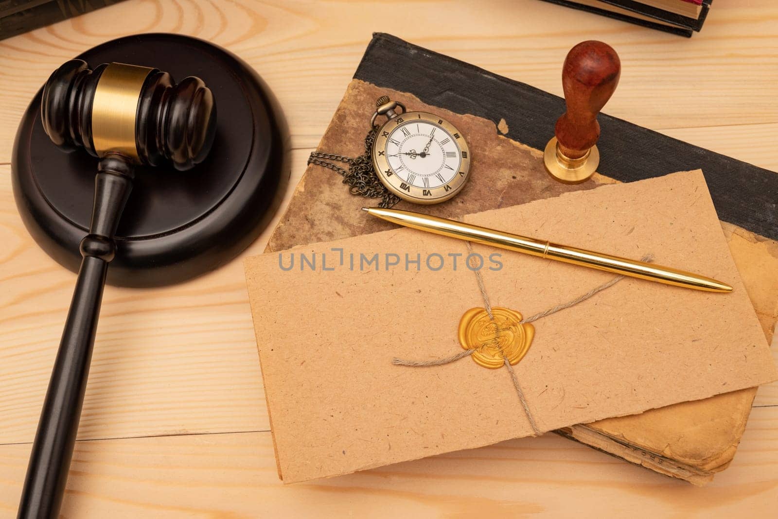 Vintage stamp, envelope and testament. Notary public tools