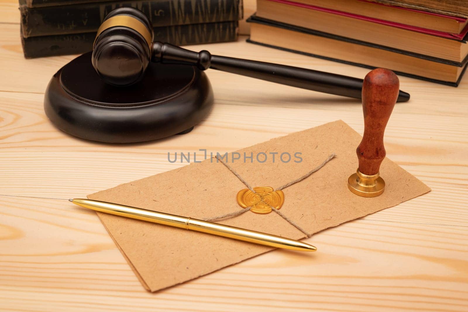 Vintage stamp, envelope and testament. Notary public tools