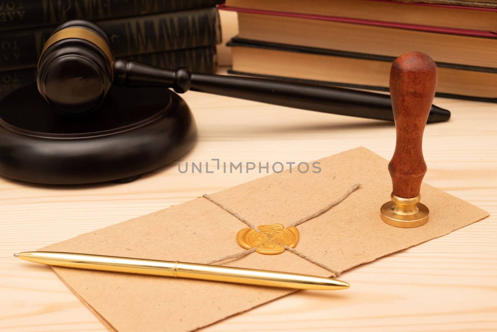 Vintage stamp, envelope and testament. Notary public tools