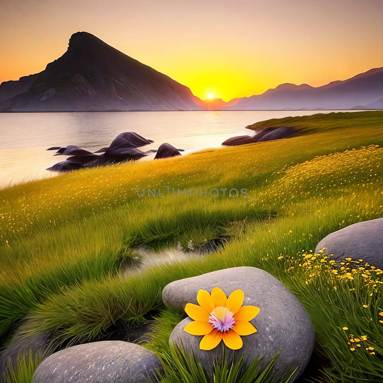 Inspirational Nature. A serene landscape photograph of a peaceful meadow at sunrise with a single flower by GoodOlga