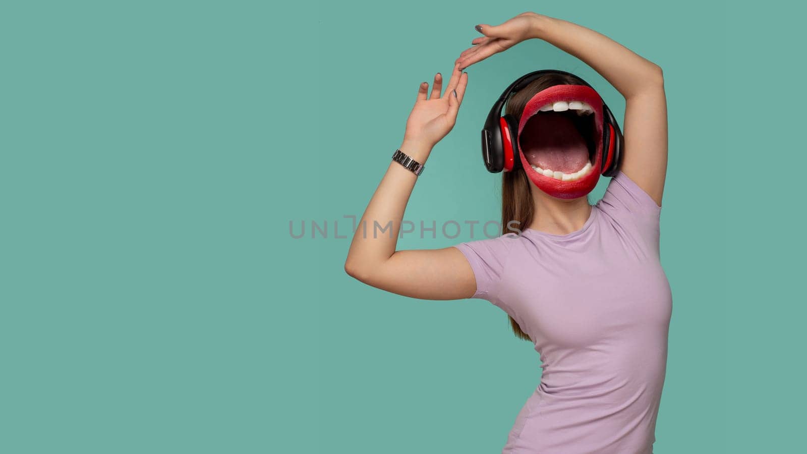 Contemporary art collage. Composition with young woman headed of female mouth wearing headphones dancing active listening to music laughing cheerful by zartarn